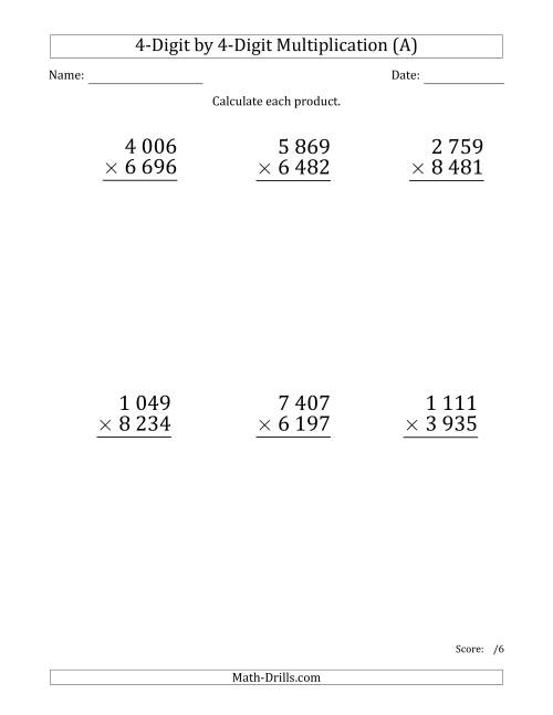 The Multiplying 4-Digit by 4-Digit Numbers (Large Print) with Space-Separated Thousands (A) Math Worksheet
