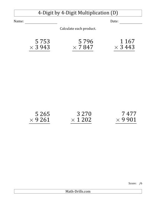 The Multiplying 4-Digit by 4-Digit Numbers (Large Print) with Space-Separated Thousands (D) Math Worksheet