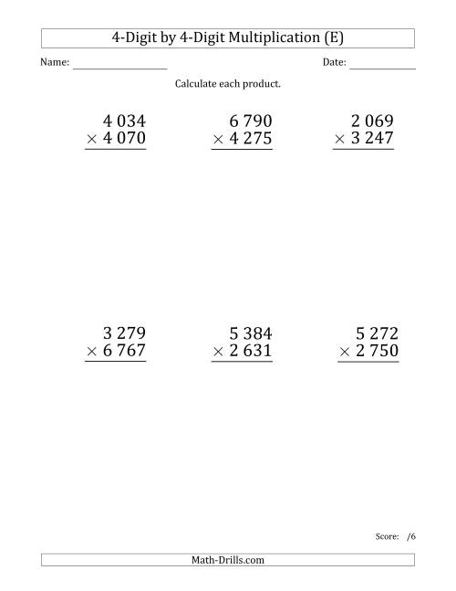 The Multiplying 4-Digit by 4-Digit Numbers (Large Print) with Space-Separated Thousands (E) Math Worksheet