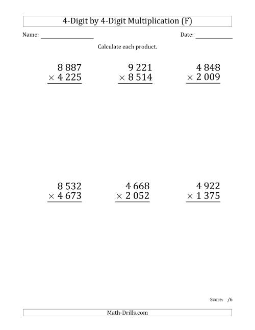 The Multiplying 4-Digit by 4-Digit Numbers (Large Print) with Space-Separated Thousands (F) Math Worksheet
