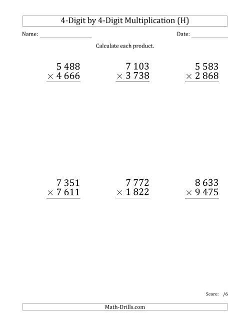 The Multiplying 4-Digit by 4-Digit Numbers (Large Print) with Space-Separated Thousands (H) Math Worksheet