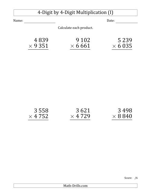 The Multiplying 4-Digit by 4-Digit Numbers (Large Print) with Space-Separated Thousands (I) Math Worksheet
