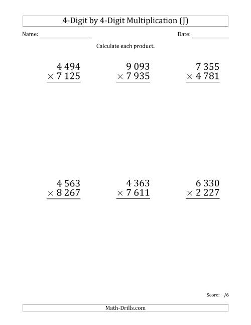 The Multiplying 4-Digit by 4-Digit Numbers (Large Print) with Space-Separated Thousands (J) Math Worksheet
