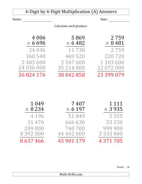The Multiplying 4-Digit by 4-Digit Numbers (Large Print) with Space-Separated Thousands (All) Math Worksheet Page 2