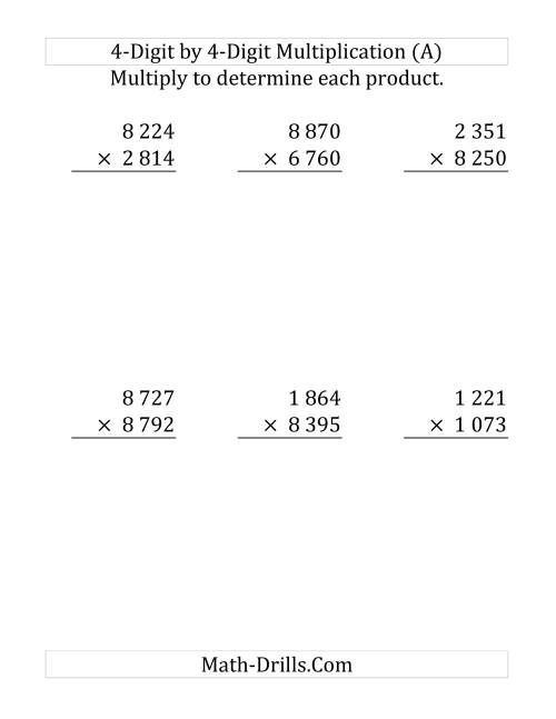 The Multiplying a 4-Digit Number by a 4-Digit Number (Large Print and SI Number Format) (Old) Math Worksheet