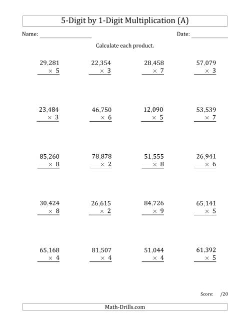 The Multiplying 5-Digit by 1-Digit Numbers with Comma-Separated Thousands (A) Math Worksheet