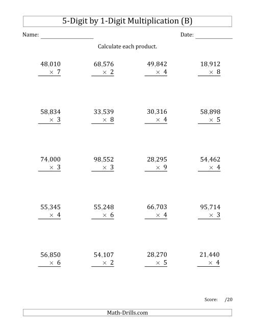 The Multiplying 5-Digit by 1-Digit Numbers with Comma-Separated Thousands (B) Math Worksheet