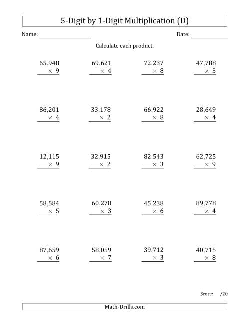 The Multiplying 5-Digit by 1-Digit Numbers with Comma-Separated Thousands (D) Math Worksheet