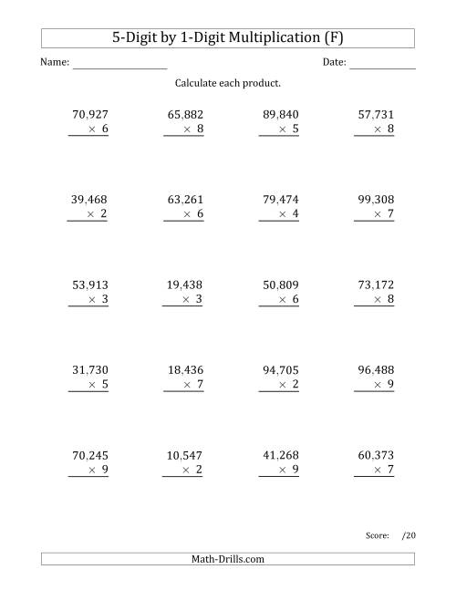 The Multiplying 5-Digit by 1-Digit Numbers with Comma-Separated Thousands (F) Math Worksheet