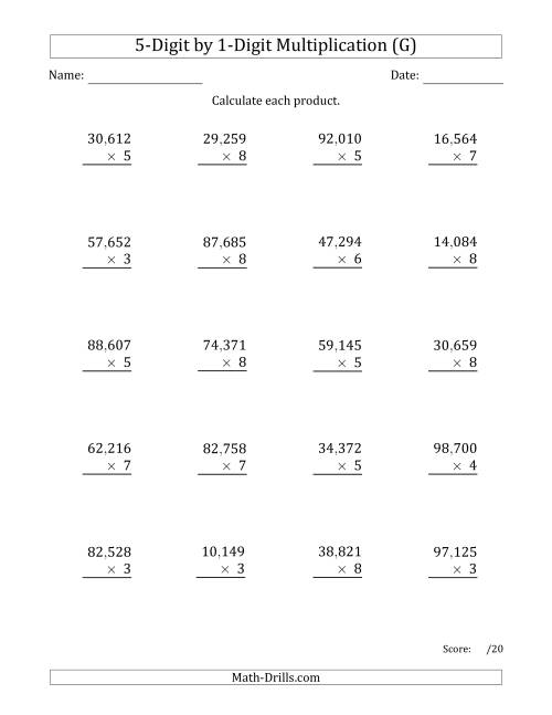The Multiplying 5-Digit by 1-Digit Numbers with Comma-Separated Thousands (G) Math Worksheet