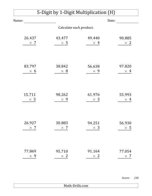 The Multiplying 5-Digit by 1-Digit Numbers with Comma-Separated Thousands (H) Math Worksheet