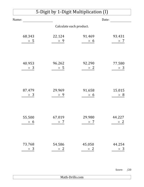 The Multiplying 5-Digit by 1-Digit Numbers with Comma-Separated Thousands (I) Math Worksheet