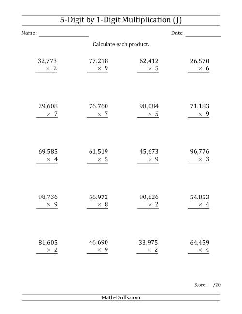 The Multiplying 5-Digit by 1-Digit Numbers with Comma-Separated Thousands (J) Math Worksheet