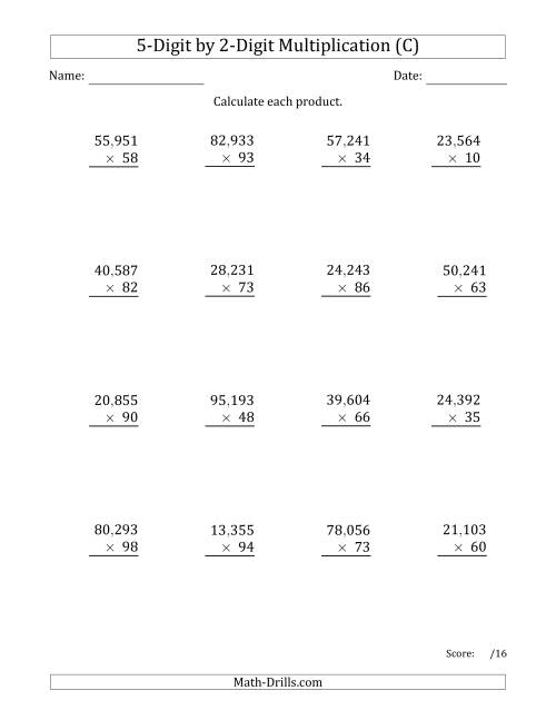 The Multiplying 5-Digit by 2-Digit Numbers with Comma-Separated Thousands (C) Math Worksheet