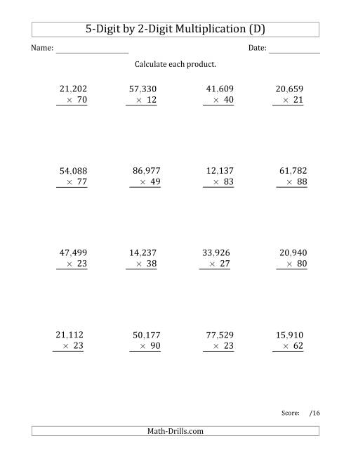 The Multiplying 5-Digit by 2-Digit Numbers with Comma-Separated Thousands (D) Math Worksheet
