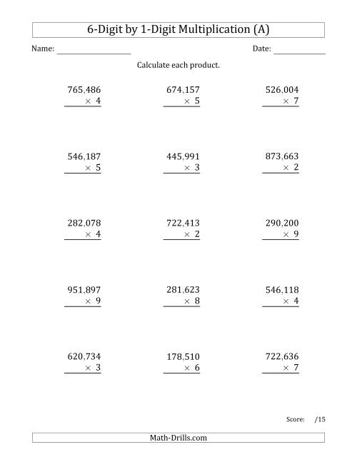 The Multiplying 6-Digit by 1-Digit Numbers with Comma-Separated Thousands (A) Math Worksheet