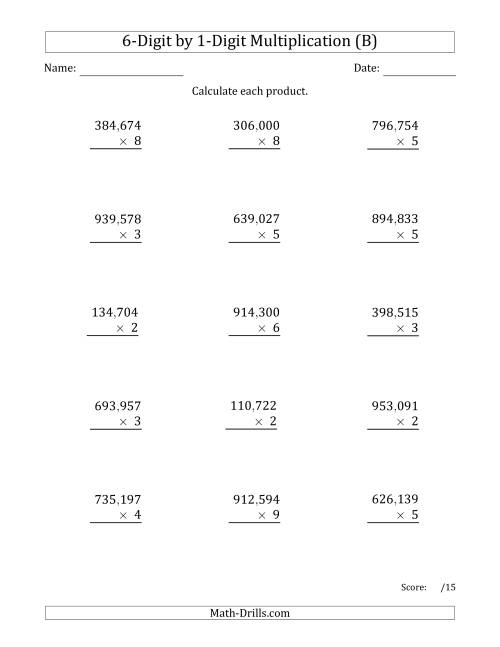 The Multiplying 6-Digit by 1-Digit Numbers with Comma-Separated Thousands (B) Math Worksheet