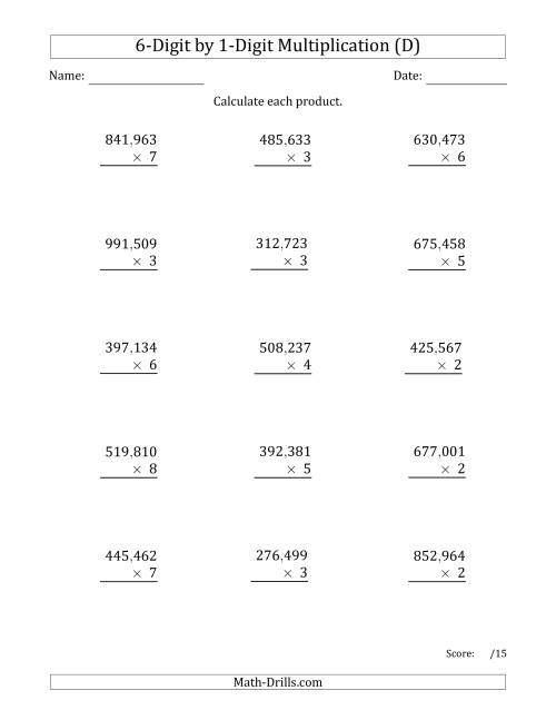 The Multiplying 6-Digit by 1-Digit Numbers with Comma-Separated Thousands (D) Math Worksheet
