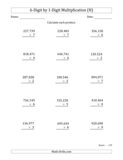 The Multiplying 6-Digit by 1-Digit Numbers with Comma-Separated Thousands (H) Math Worksheet