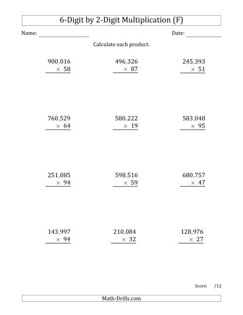 The Multiplying 6-Digit by 2-Digit Numbers with Comma-Separated Thousands (F) Math Worksheet