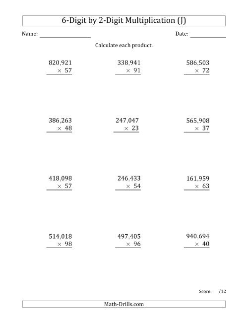 The Multiplying 6-Digit by 2-Digit Numbers with Comma-Separated Thousands (J) Math Worksheet