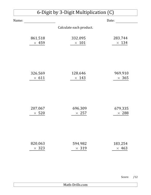 The Multiplying 6-Digit by 3-Digit Numbers with Comma-Separated Thousands (C) Math Worksheet