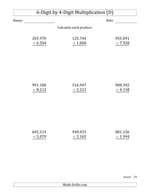 The Multiplying 6-Digit by 4-Digit Numbers with Comma-Separated Thousands (D) Math Worksheet