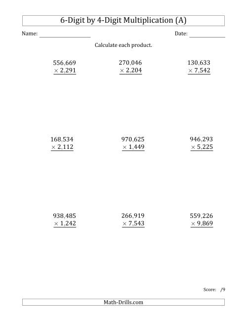The Multiplying 6-Digit by 4-Digit Numbers with Comma-Separated Thousands (All) Math Worksheet