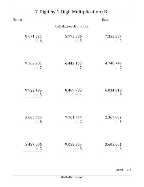 The Multiplying 7-Digit by 1-Digit Numbers with Comma-Separated Thousands (B) Math Worksheet