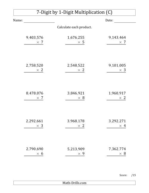 The Multiplying 7-Digit by 1-Digit Numbers with Comma-Separated Thousands (C) Math Worksheet