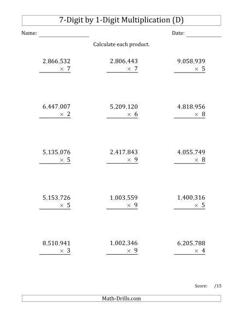 The Multiplying 7-Digit by 1-Digit Numbers with Comma-Separated Thousands (D) Math Worksheet