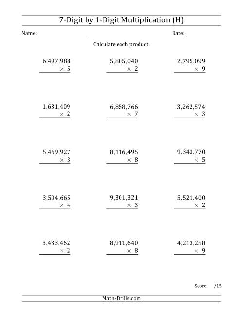 The Multiplying 7-Digit by 1-Digit Numbers with Comma-Separated Thousands (H) Math Worksheet