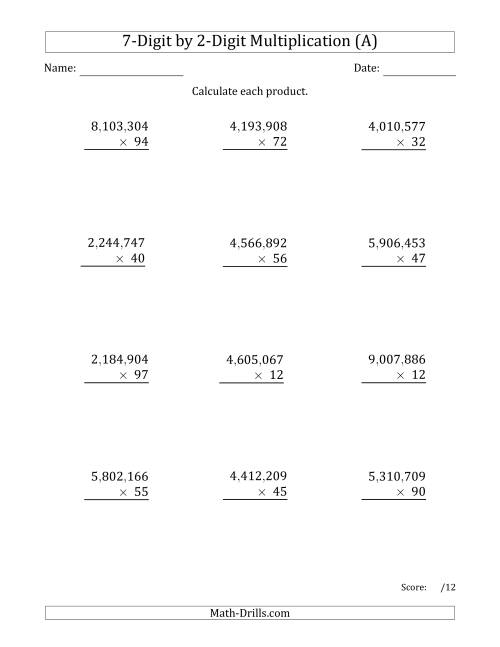 The Multiplying 7-Digit by 2-Digit Numbers with Comma-Separated Thousands (A) Math Worksheet