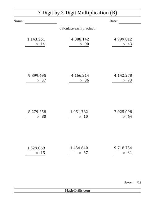 The Multiplying 7-Digit by 2-Digit Numbers with Comma-Separated Thousands (B) Math Worksheet