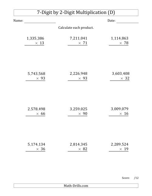 The Multiplying 7-Digit by 2-Digit Numbers with Comma-Separated Thousands (D) Math Worksheet