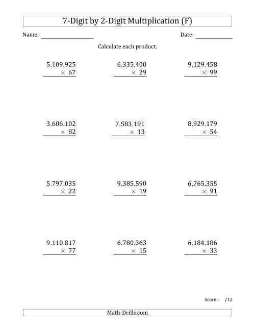 The Multiplying 7-Digit by 2-Digit Numbers with Comma-Separated Thousands (F) Math Worksheet