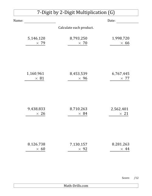 The Multiplying 7-Digit by 2-Digit Numbers with Comma-Separated Thousands (G) Math Worksheet