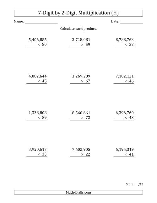 The Multiplying 7-Digit by 2-Digit Numbers with Comma-Separated Thousands (H) Math Worksheet