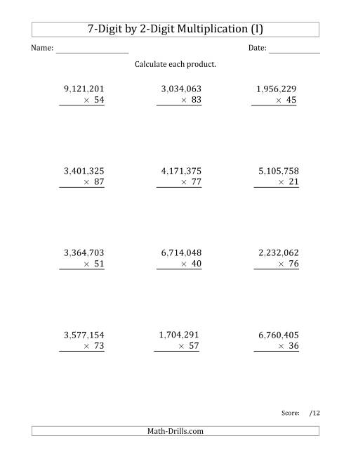 The Multiplying 7-Digit by 2-Digit Numbers with Comma-Separated Thousands (I) Math Worksheet