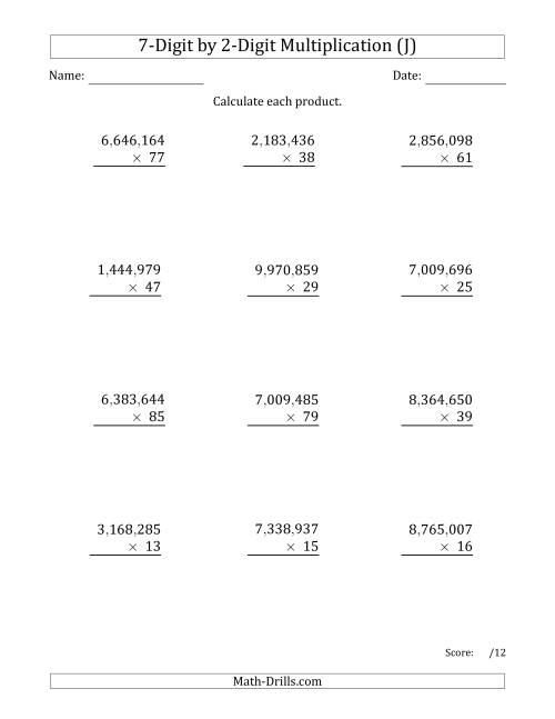The Multiplying 7-Digit by 2-Digit Numbers with Comma-Separated Thousands (J) Math Worksheet