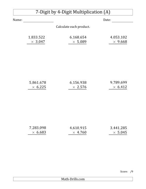 The Multiplying 7-Digit by 4-Digit Numbers with Comma-Separated Thousands (A) Math Worksheet