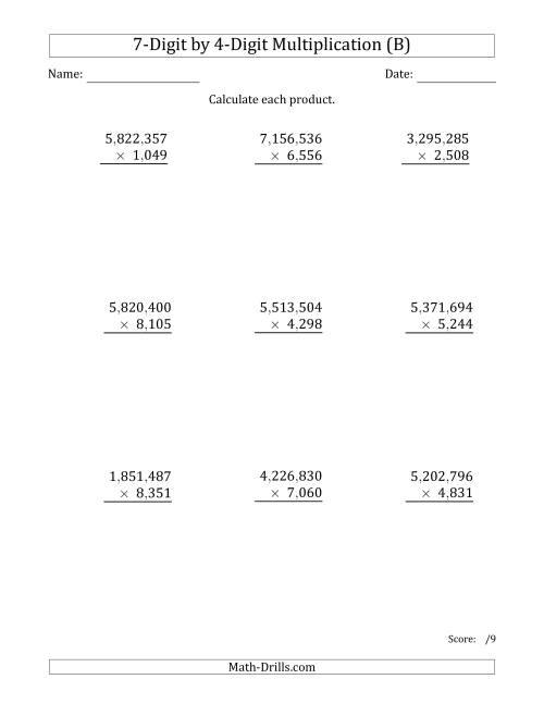 The Multiplying 7-Digit by 4-Digit Numbers with Comma-Separated Thousands (B) Math Worksheet