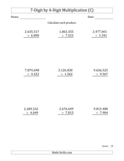 The Multiplying 7-Digit by 4-Digit Numbers with Comma-Separated Thousands (C) Math Worksheet