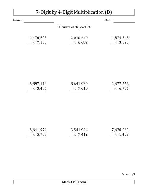 The Multiplying 7-Digit by 4-Digit Numbers with Comma-Separated Thousands (D) Math Worksheet