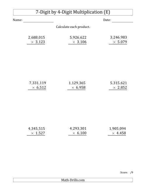 The Multiplying 7-Digit by 4-Digit Numbers with Comma-Separated Thousands (E) Math Worksheet