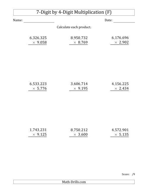 The Multiplying 7-Digit by 4-Digit Numbers with Comma-Separated Thousands (F) Math Worksheet