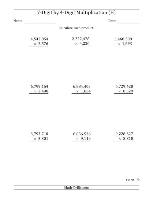 The Multiplying 7-Digit by 4-Digit Numbers with Comma-Separated Thousands (H) Math Worksheet