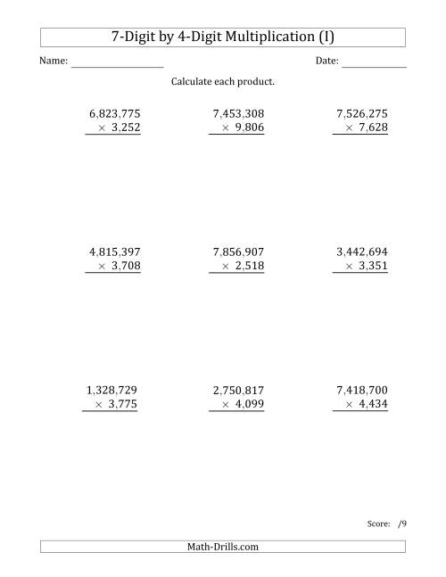 The Multiplying 7-Digit by 4-Digit Numbers with Comma-Separated Thousands (I) Math Worksheet