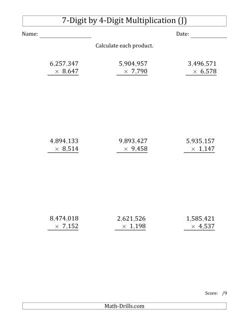The Multiplying 7-Digit by 4-Digit Numbers with Comma-Separated Thousands (J) Math Worksheet
