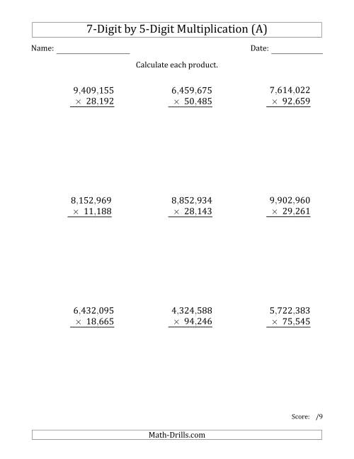 The Multiplying 7-Digit by 5-Digit Numbers with Comma-Separated Thousands (A) Math Worksheet